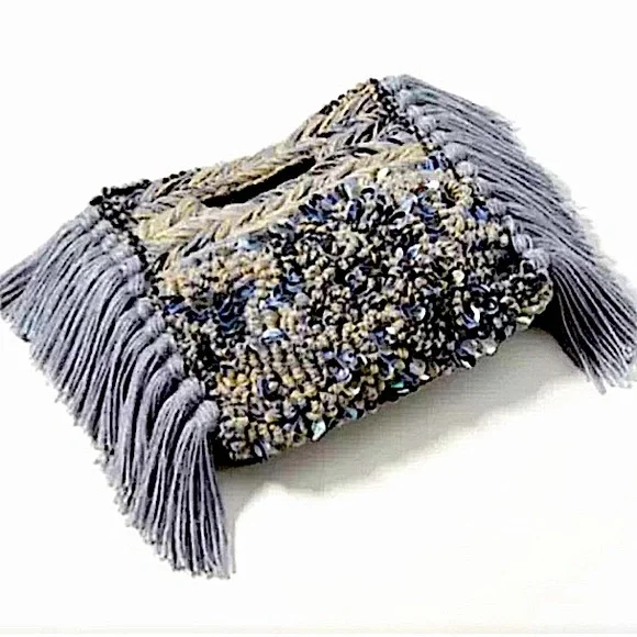 🆕 Anthropologie Milo Clutch Gray Fringe Embellished Sequin Bag New - Picture 3 of 7